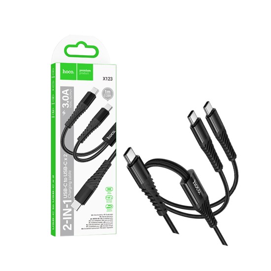 Cabo de Carregamento 2 em 1 Hoco X123 Victory USB-C para (Tipo-C+Tipo-C) 3,0A 1M Preto